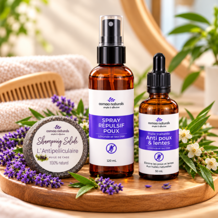 Pack anti-poux Asmaa Naturals : spray répulsif, huile traitante anti-poux et shampoing solide à l’huile de cade